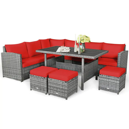 7 Pieces Patio Rattan Dining Furniture Sectional Sofa Set with Wicker Ottoman-Red - Red - Outdoor Sectionals