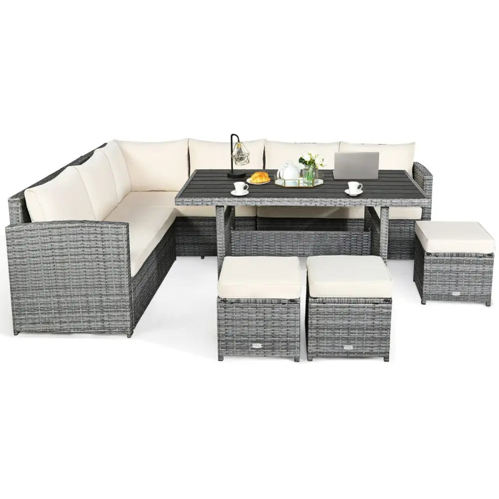 7 Pieces Patio Rattan Dining Furniture Sectional Sofa Set with Wicker Ottoman-Beige - Beige - Outdoor Sectionals