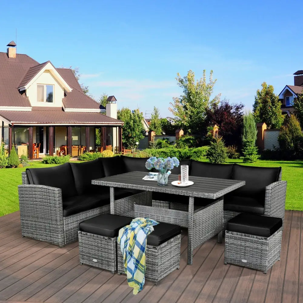 7 Pieces Patio Rattan Dining Furniture Sectional Sofa Set with Wicker Ottoman-Black - Black - Outdoor Sectionals