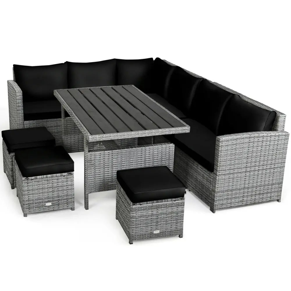 7 Pieces Patio Rattan Dining Furniture Sectional Sofa Set with Wicker Ottoman-Black - Black - Outdoor Sectionals