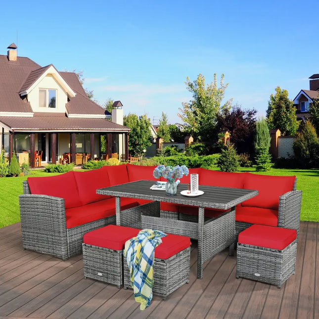 7 Pieces Patio Rattan Dining Furniture Sectional Sofa Set with Wicker Ottoman-Red - Red - Outdoor Sectionals