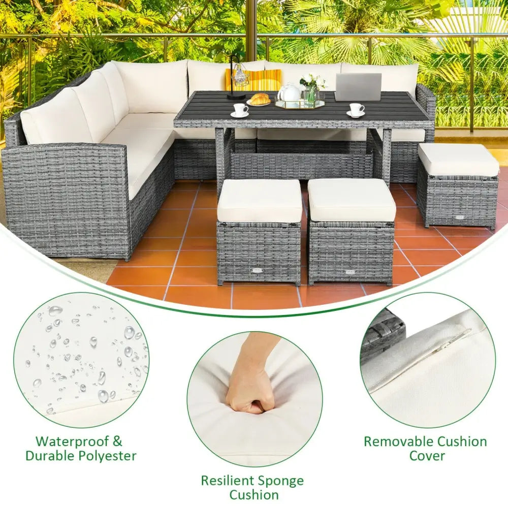 7 Pieces Patio Rattan Dining Furniture Sectional Sofa Set with Wicker Ottoman-Beige - Beige - Outdoor Sectionals