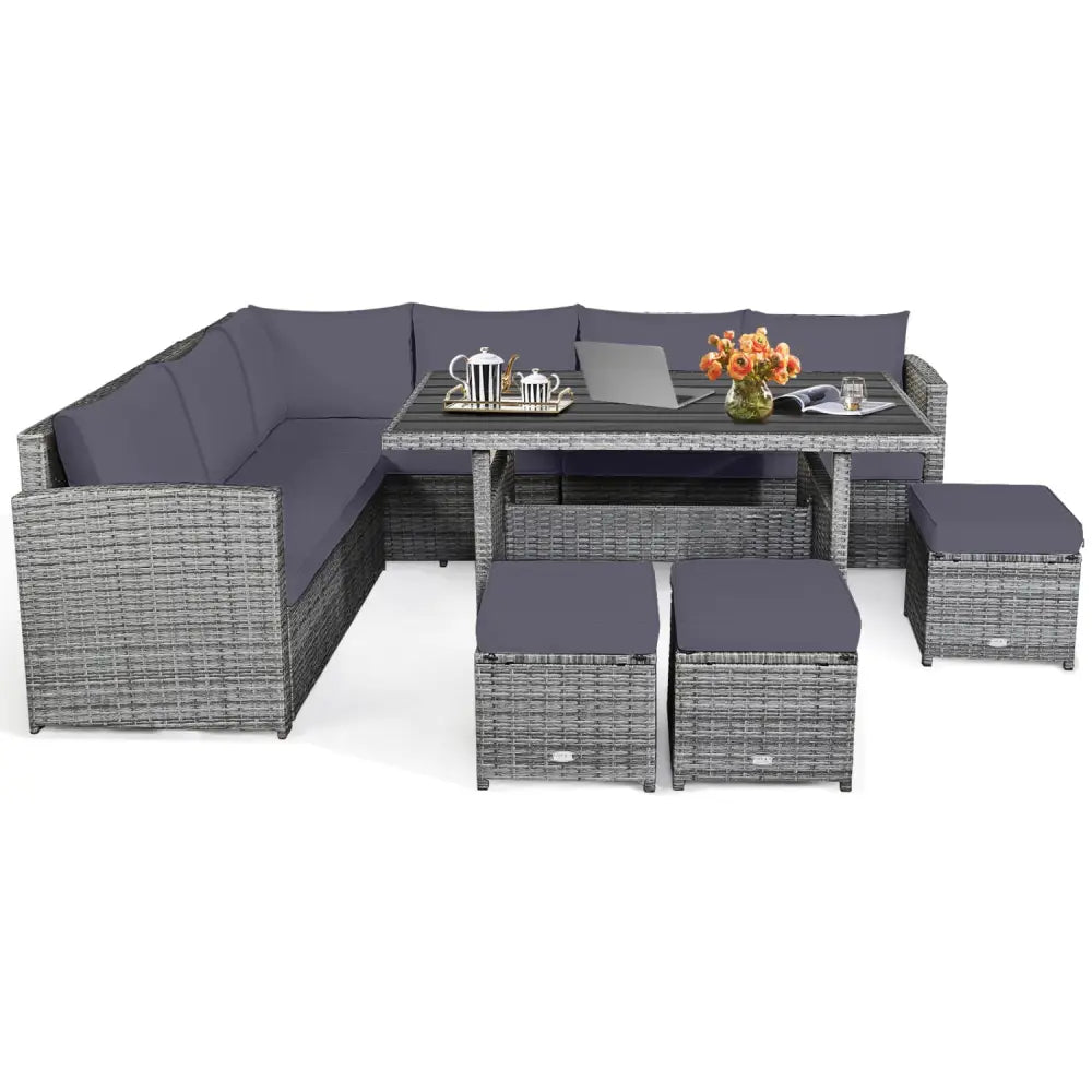 7 Pieces Patio Rattan Dining Furniture Sectional Sofa Set with Wicker Ottoman-Gray - Gray - Outdoor Sectionals