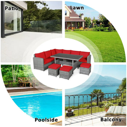 7 Pieces Patio Rattan Dining Furniture Sectional Sofa Set with Wicker Ottoman-Red - Red - Outdoor Sectionals