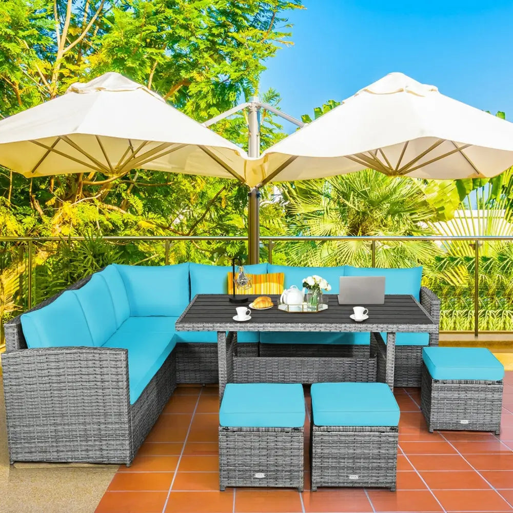7 Pieces Patio Rattan Dining Furniture Sectional Sofa Set with Wicker Ottoman-Turquoise - Turquoise - Outdoor Sectionals