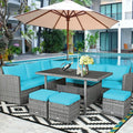 7 Pieces Patio Rattan Dining Furniture Sectional Sofa Set with Wicker Ottoman-Turquoise - Turquoise - Outdoor Sectionals