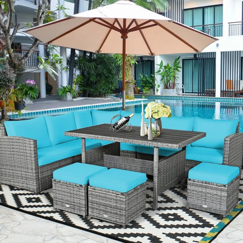 7 Pieces Patio Rattan Dining Furniture Sectional Sofa Set with Wicker Ottoman-Turquoise - Turquoise - Outdoor Sectionals