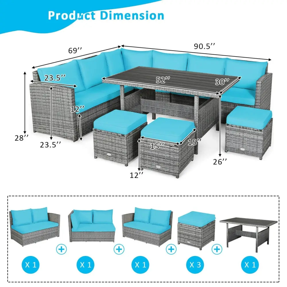 7 Pieces Patio Rattan Dining Furniture Sectional Sofa Set with Wicker Ottoman-Turquoise - Turquoise - Outdoor Sectionals