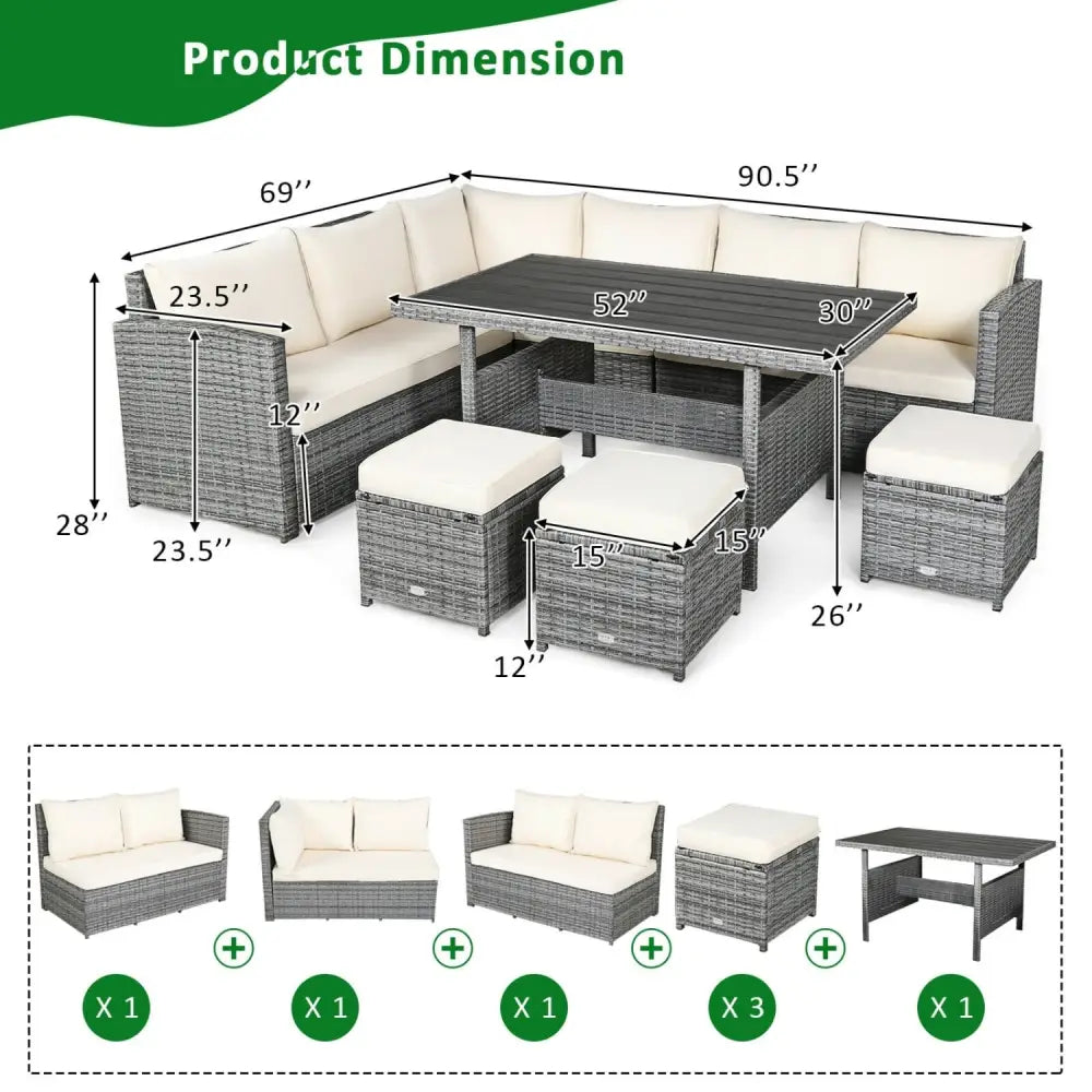 7 Pieces Patio Rattan Dining Furniture Sectional Sofa Set with Wicker Ottoman-Beige - Beige - Outdoor Sectionals