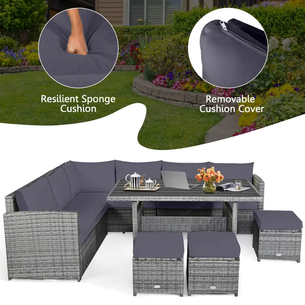 7 Pieces Patio Rattan Dining Furniture Sectional Sofa Set with Wicker Ottoman-Gray - Gray - Outdoor Sectionals