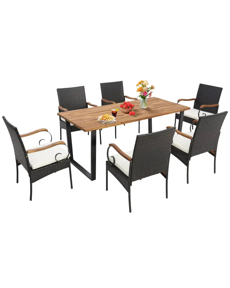 7 Pieces Patio Rattan Dining Set with 2 Inches Umbrella Hole-Curved Handrail - Multicolor - Patio Dining Sets