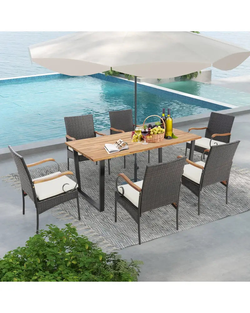7 Pieces Patio Rattan Dining Set with 2 Inches Umbrella Hole-Curved Handrail - Multicolor - Patio Dining Sets