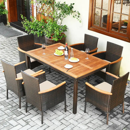 7 Pieces Patio Rattan Dining Set with Armrest Cushioned Chair and Umbrella Hole - Brown - Patio Dining Sets