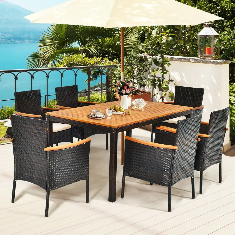 7 Pieces Patio Rattan Dining Set with Armrest Cushioned Chair and Umbrella Hole - Brown - Patio Dining Sets