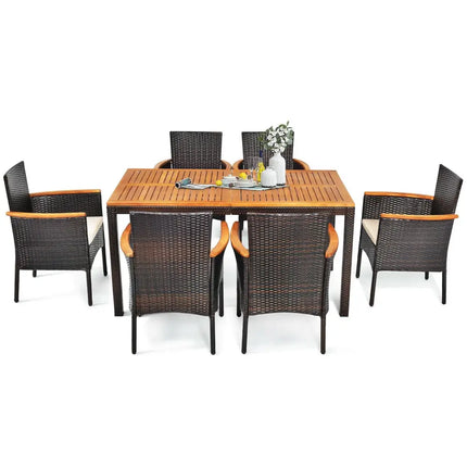 7 Pieces Patio Rattan Dining Set with Armrest Cushioned Chair and Umbrella Hole - Brown - Patio Dining Sets