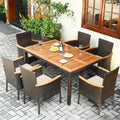 7 Pieces Patio Rattan Dining Set with Armrest Cushioned Chair and Umbrella Hole - Brown - Patio Dining Sets
