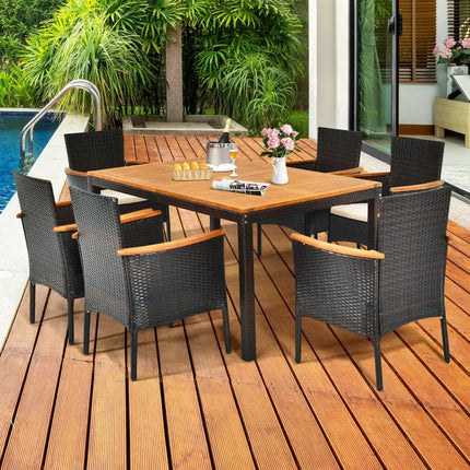 7 Pieces Patio Rattan Dining Set with Armrest Cushioned Chair and Umbrella Hole - Brown - Patio Dining Sets
