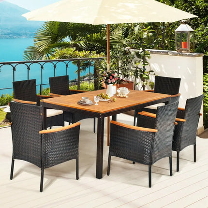 7 Pieces Patio Rattan Dining Set with Armrest Cushioned Chair and Umbrella Hole - Brown - Patio Dining Sets