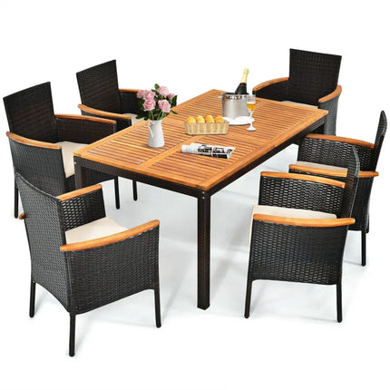 7 Pieces Patio Rattan Dining Set with Armrest Cushioned Chair and Umbrella Hole - Brown - Patio Dining Sets