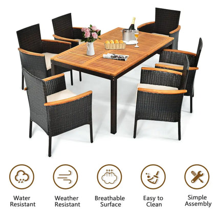 7 Pieces Patio Rattan Dining Set with Armrest Cushioned Chair and Umbrella Hole - Brown - Patio Dining Sets