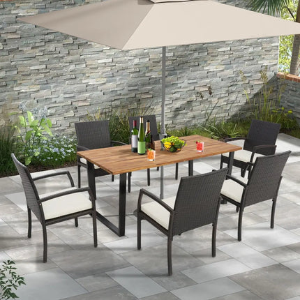 7 Pieces Patio Rattan Dining Set with Umbrella Hole-L-shaped Handrail - Patio Dining Sets