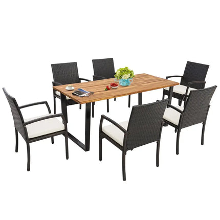 7 Pieces Patio Rattan Dining Set with Umbrella Hole-L-shaped Handrail - Patio Dining Sets