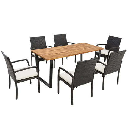 7 Pieces Patio Rattan Dining Set with Umbrella Hole-L-shaped Handrail - Patio Dining Sets