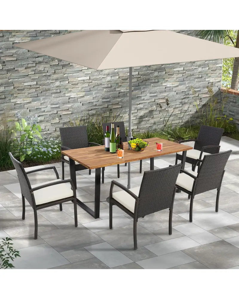 7 Pieces Patio Rattan Dining Set with Umbrella Hole-L-shaped Handrail - Patio Dining Sets