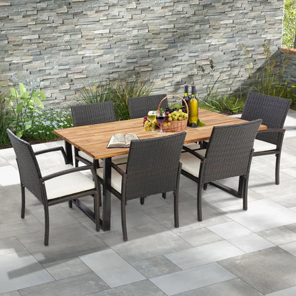 7 Pieces Patio Rattan Dining Set with Umbrella Hole-L-shaped Handrail - Patio Dining Sets