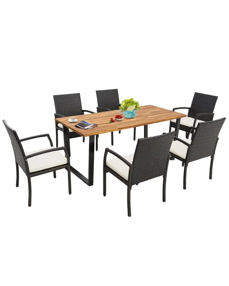 7 Pieces Patio Rattan Dining Set with Umbrella Hole-L-shaped Handrail - Patio Dining Sets