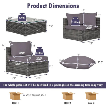 7 Pieces Patio Rattan Furniture Set Sectional Sofa Garden Cushion-Gray - Gray - Outdoor Sectionals
