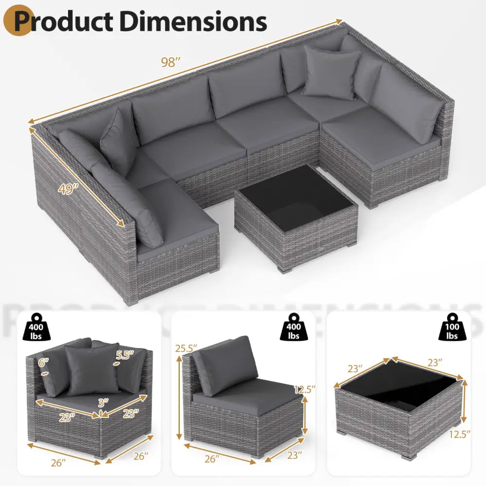 7 Pieces Patio Rattan Furniture Set Sectional Sofa Garden Cushion-Gray - Gray - Outdoor Sectionals