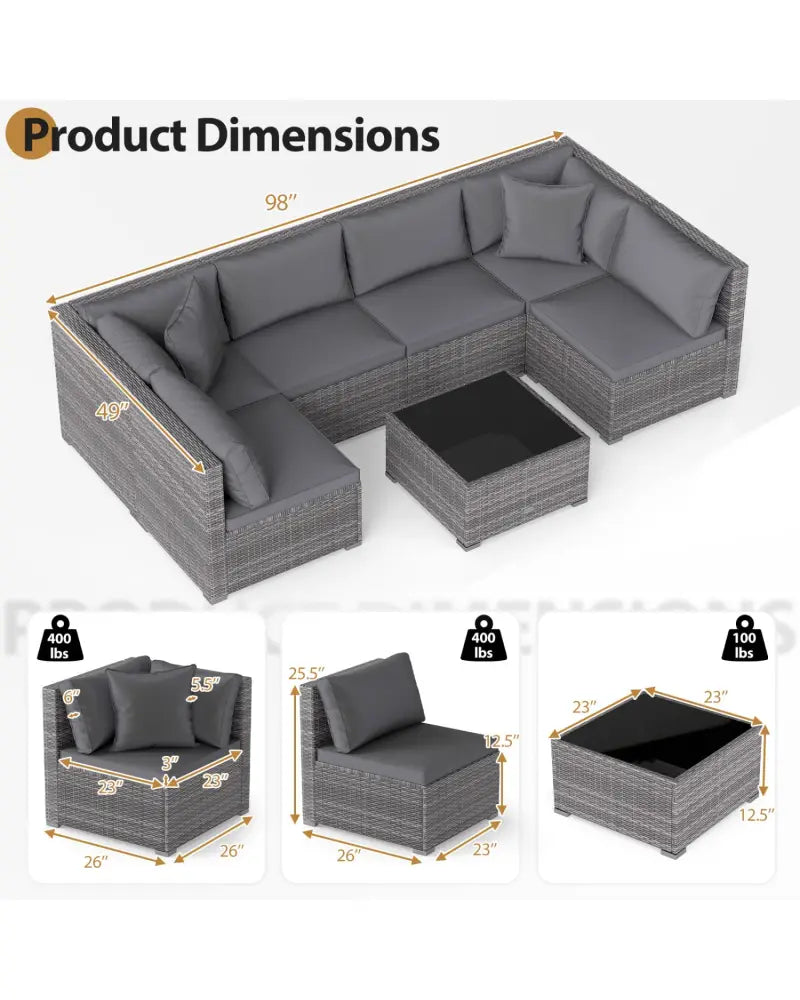 7 Pieces Patio Rattan Furniture Set Sectional Sofa Garden Cushion-Gray - Gray - Outdoor Sectionals