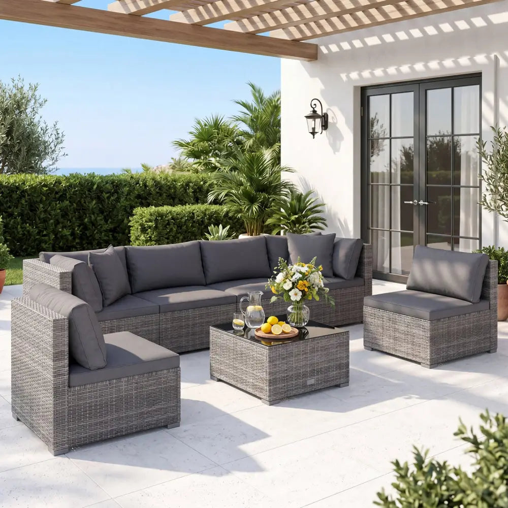 7 Pieces Patio Rattan Furniture Set Sectional Sofa Garden Cushion-Gray - Gray - Outdoor Sectionals