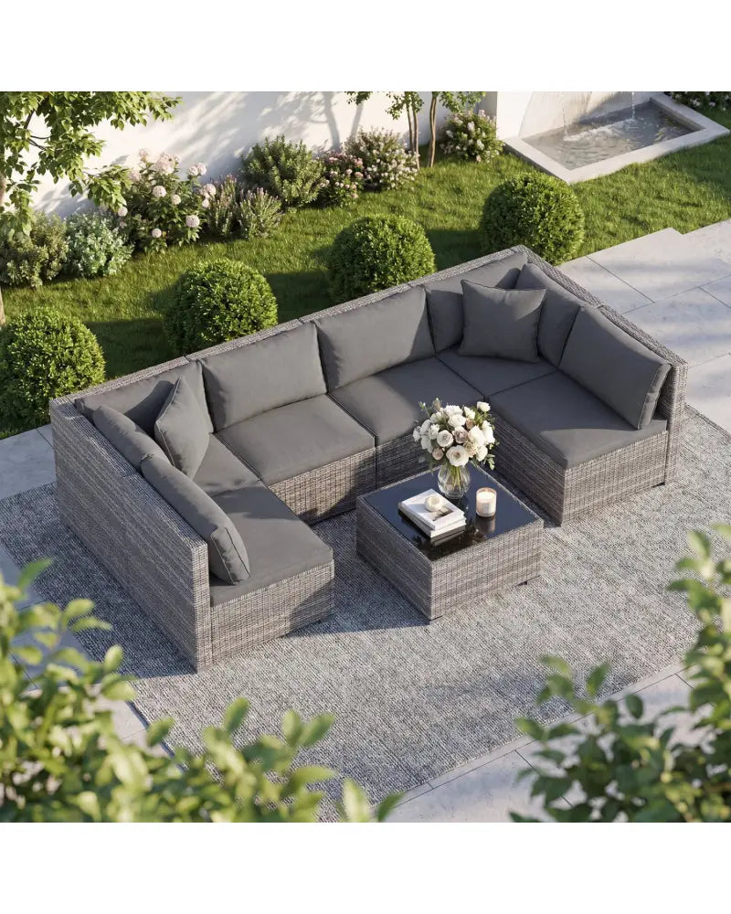 7 Pieces Patio Rattan Furniture Set Sectional Sofa Garden Cushion-Gray - Gray - Outdoor Sectionals