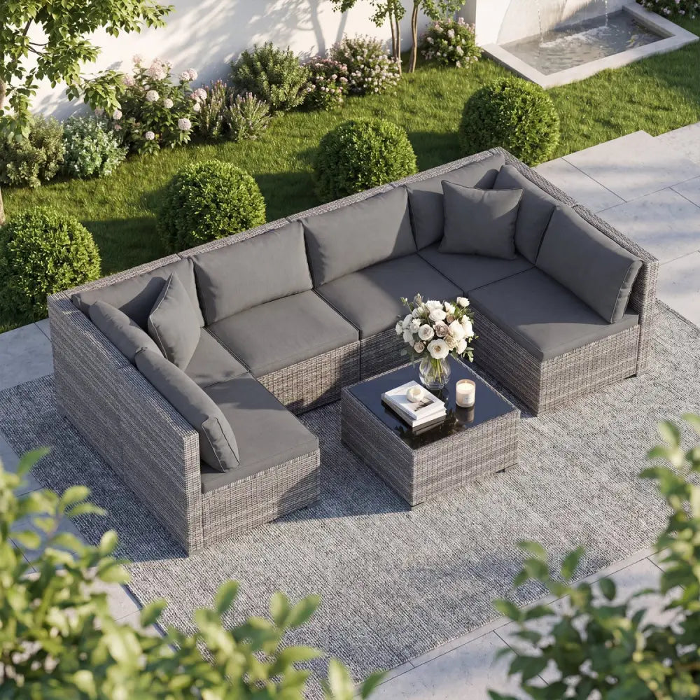 7 Pieces Patio Rattan Furniture Set Sectional Sofa Garden Cushion-Gray - Gray - Outdoor Sectionals