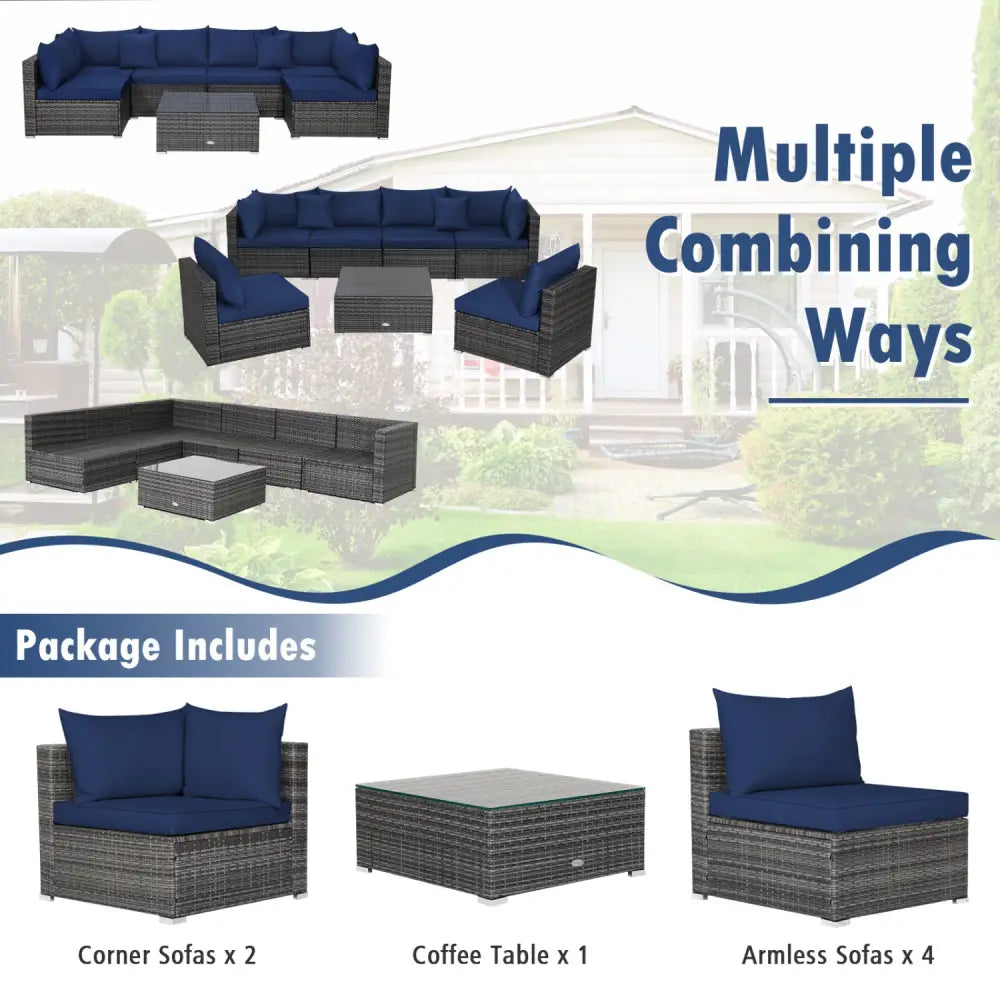 7 Pieces Patio Rattan Furniture Set Sectional Sofa Garden Cushion-Navy - Navy - Outdoor Sectionals