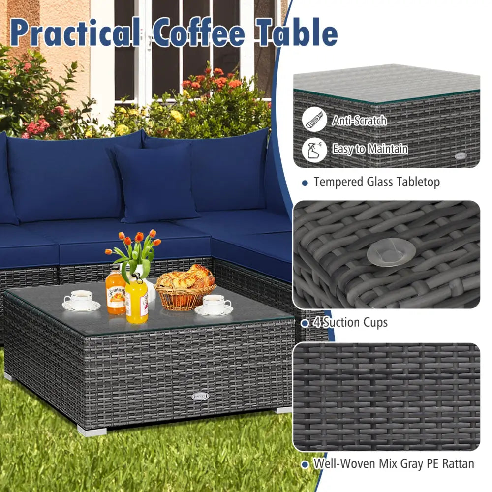 7 Pieces Patio Rattan Furniture Set Sectional Sofa Garden Cushion-Navy - Navy - Outdoor Sectionals