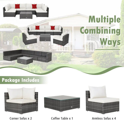 7 Pieces Patio Rattan Furniture Set Sectional Sofa Garden Cushion-White - White - Outdoor Sectionals