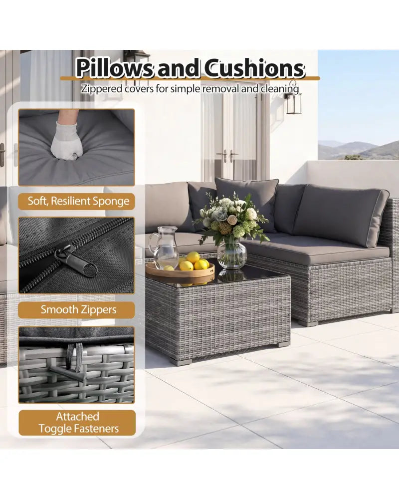 7 Pieces Patio Rattan Furniture Set Sectional Sofa Garden Cushion-Gray - Gray - Outdoor Sectionals