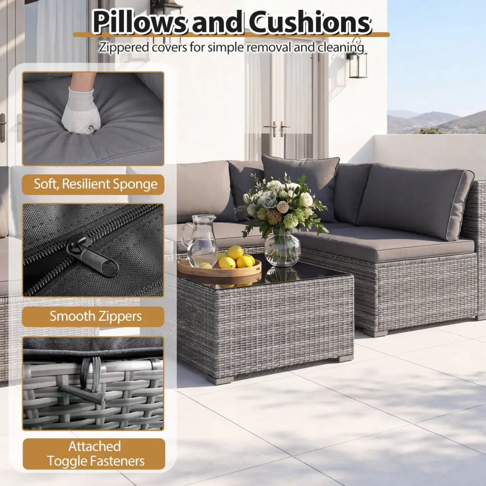 7 Pieces Patio Rattan Furniture Set Sectional Sofa Garden Cushion-Gray - Gray - Outdoor Sectionals