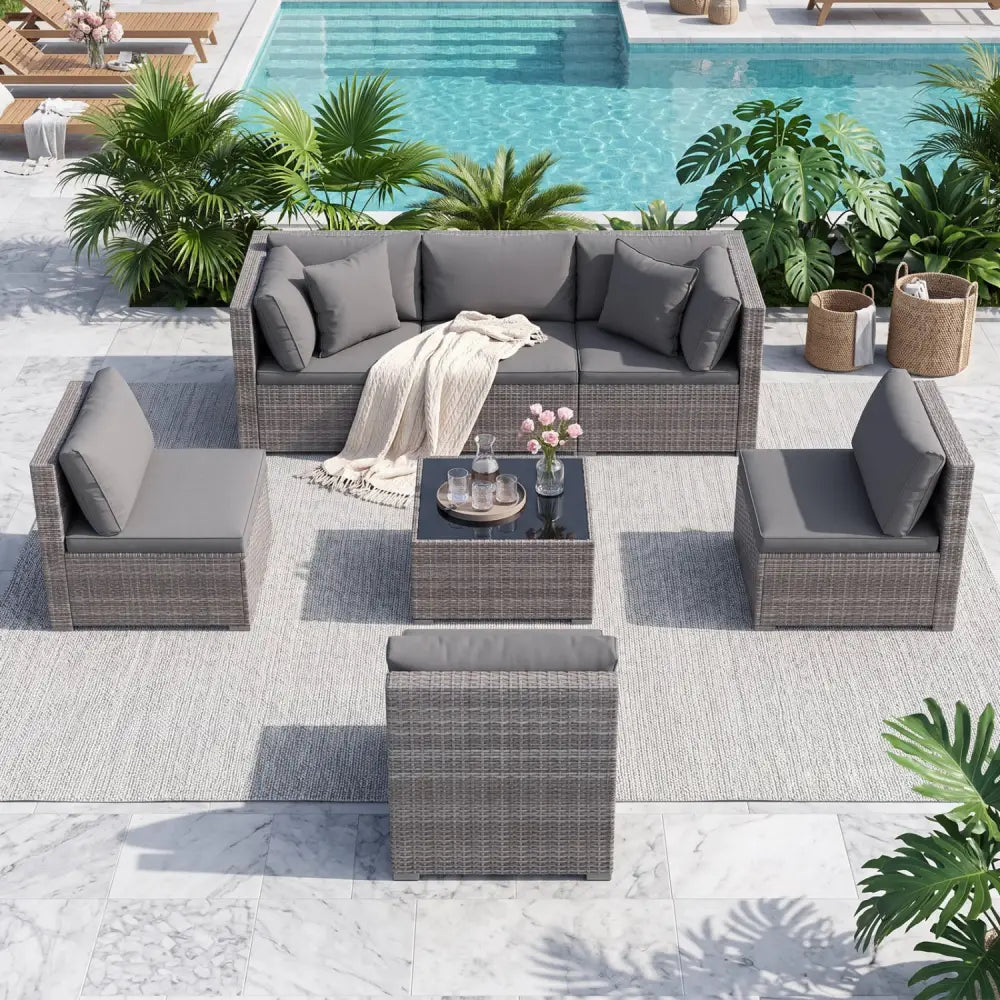 7 Pieces Patio Rattan Furniture Set Sectional Sofa Garden Cushion-Gray - Gray - Outdoor Sectionals