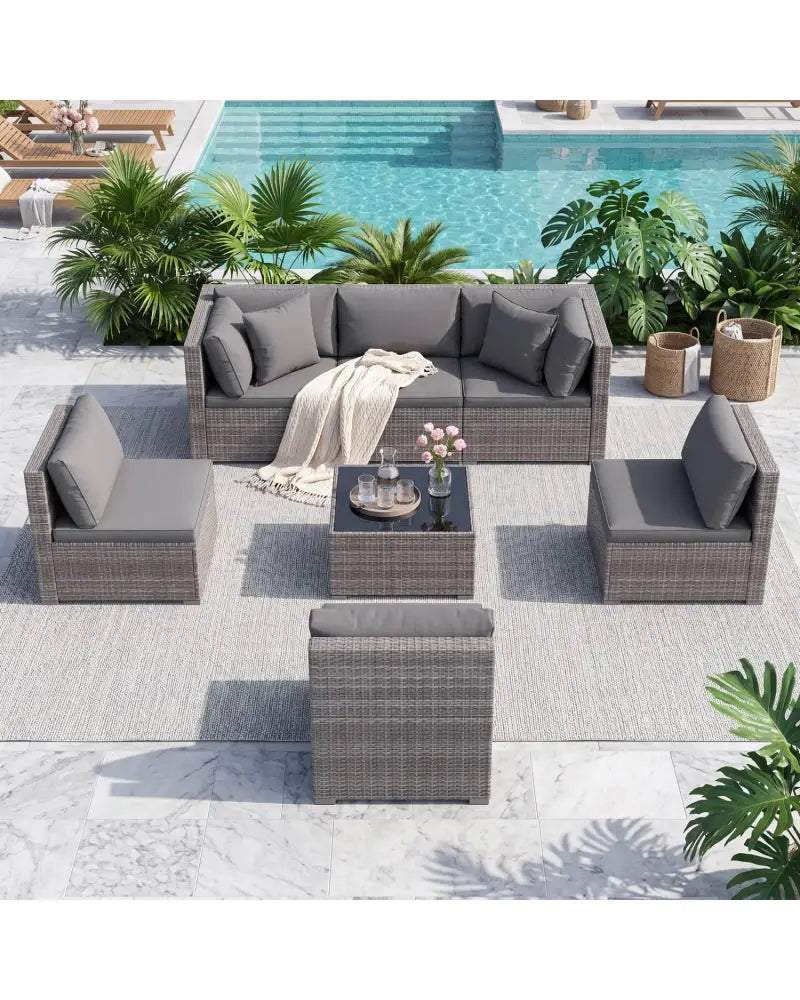 7 Pieces Patio Rattan Furniture Set Sectional Sofa Garden Cushion-Gray - Gray - Outdoor Sectionals