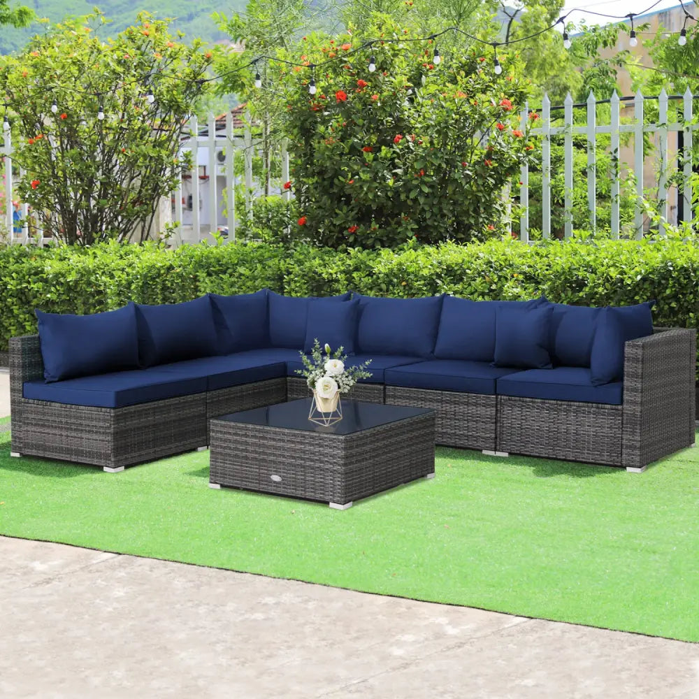 7 Pieces Patio Rattan Furniture Set Sectional Sofa Garden Cushion-Navy - Navy - Outdoor Sectionals