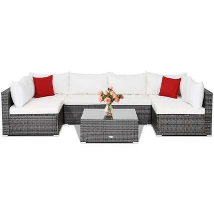7 Pieces Patio Rattan Furniture Set Sectional Sofa Garden Cushion-White - White - Outdoor Sectionals