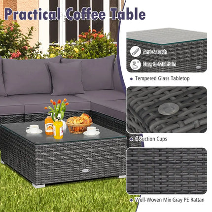 7 Pieces Patio Rattan Furniture Set Sectional Sofa Garden Cushion-Gray - Gray - Outdoor Sectionals