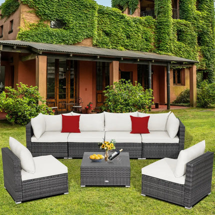 7 Pieces Patio Rattan Furniture Set Sectional Sofa Garden Cushion-White - White - Outdoor Sectionals