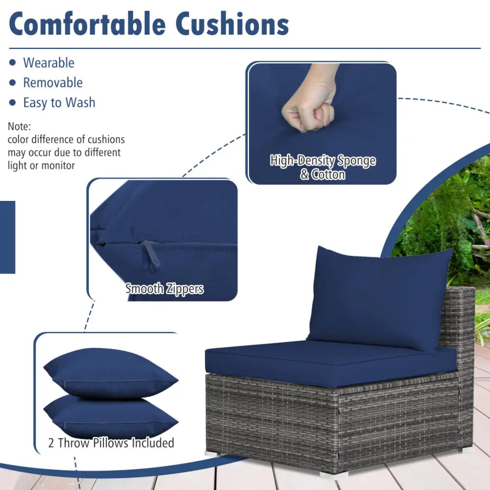 7 Pieces Patio Rattan Furniture Set Sectional Sofa Garden Cushion-Navy - Navy - Outdoor Sectionals