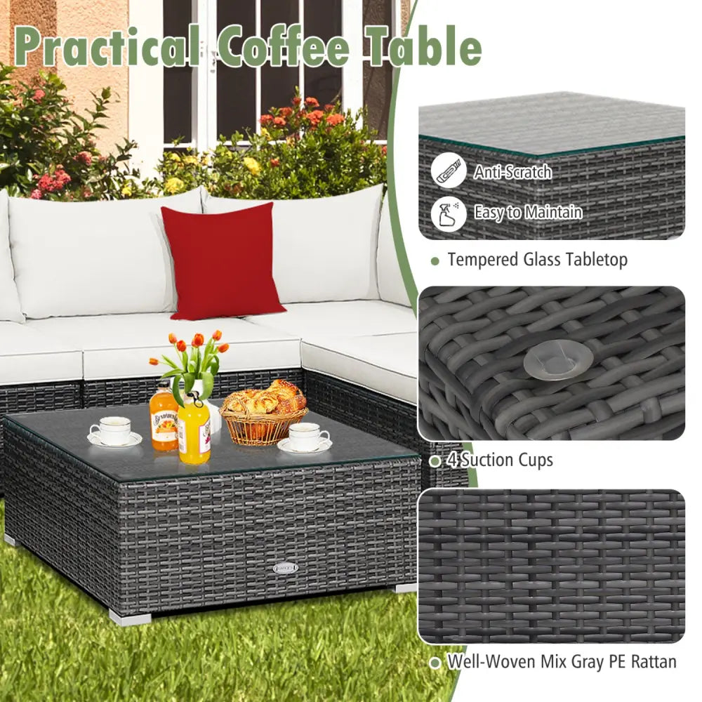 7 Pieces Patio Rattan Furniture Set Sectional Sofa Garden Cushion-White - White - Outdoor Sectionals