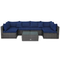 7 Pieces Patio Rattan Furniture Set Sectional Sofa Garden Cushion-Navy - Navy - Outdoor Sectionals